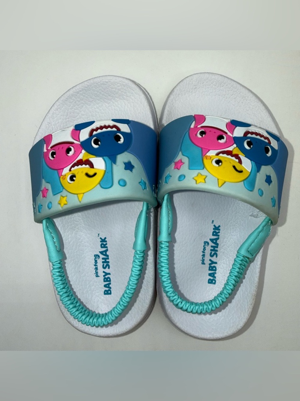 Baby Shark Toddler Slide Sandals Size 5 White Blue Pink Back Strap